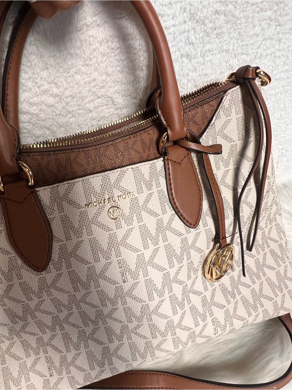 Michael Kors Cream and Brown Signature Satchel with Shoulder Strap - Picture 2 of 9